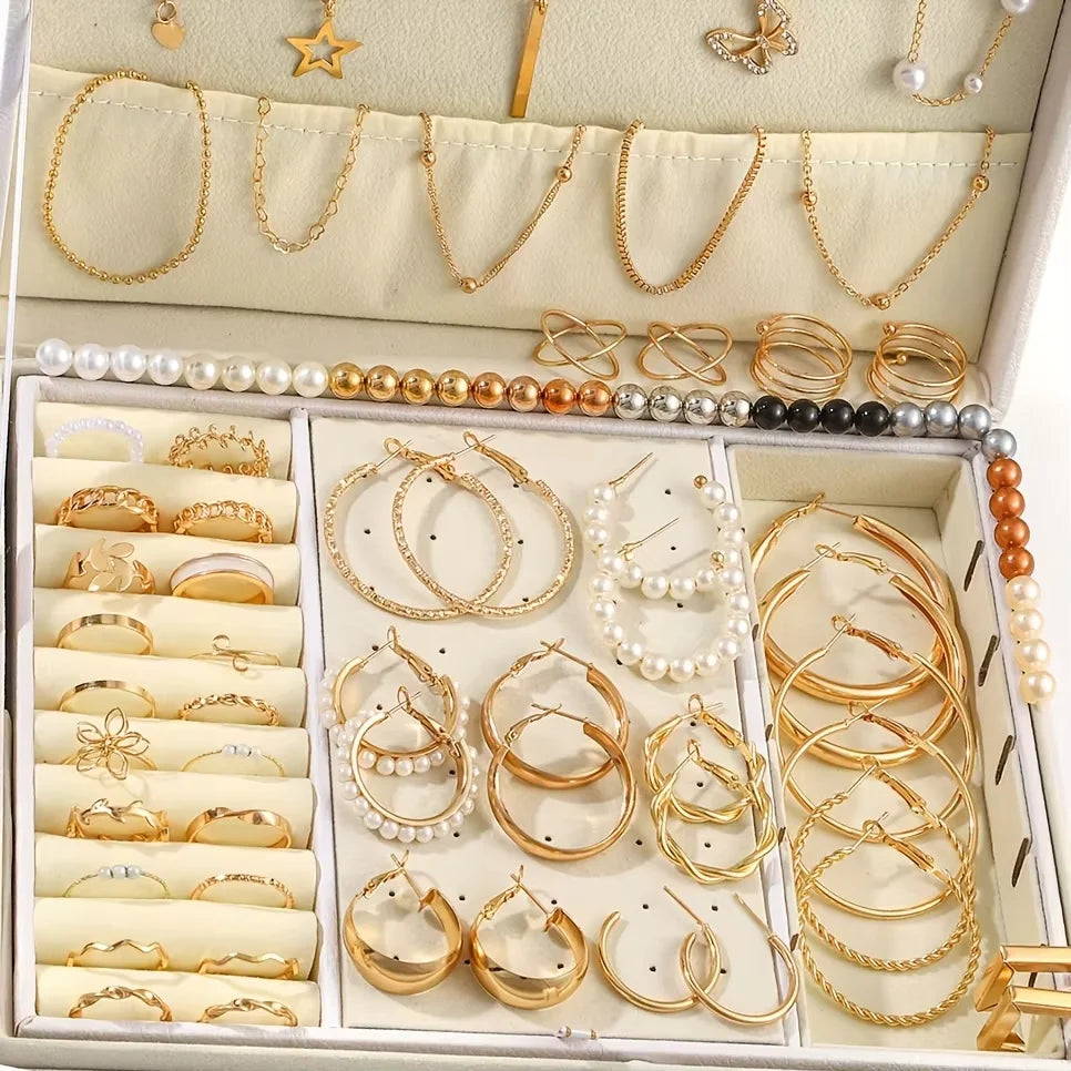 92Pcs Women's Fashion Jewelry Set Contain Hoop Earrings、Stud Earrings、Bracelet、Necklace and Ring，Versatile Daily Jewelry    Home Decor Supply | Online Retail | ShoreShopper.com