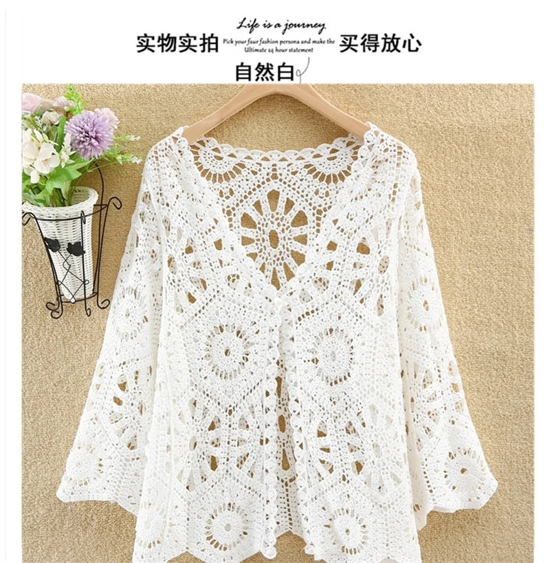 Women's Shirt 2025 Hollow out New Female Coat Knitted Shirt Lace Thin Hook Flower Loose Solid Color Fashion Top Hoodie Versatile    Your Coastal Marketplace | Shoreshopper.com
