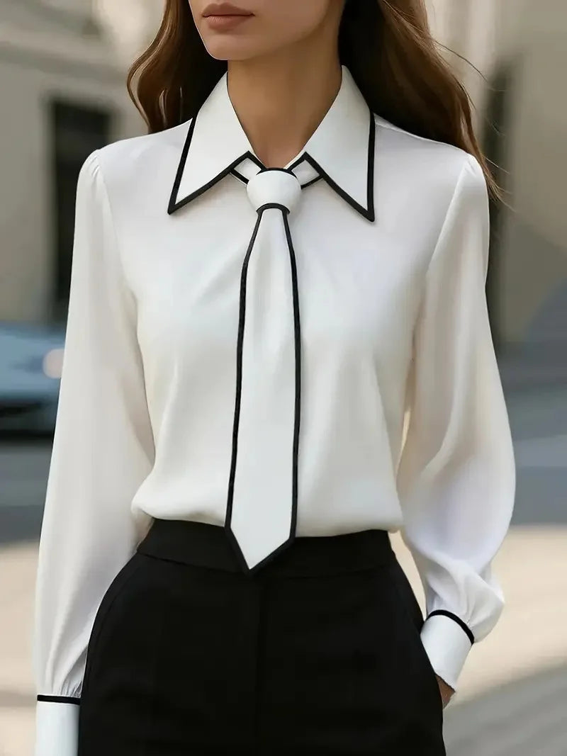 Women's Blouse Fashion Shirt Formal Bow Tie Long-sleeve Contrasting Trim Tops Slim-fit Workwear Elegant Office Lady Shirts Women    Your Coastal Marketplace | Shoreshopper.com