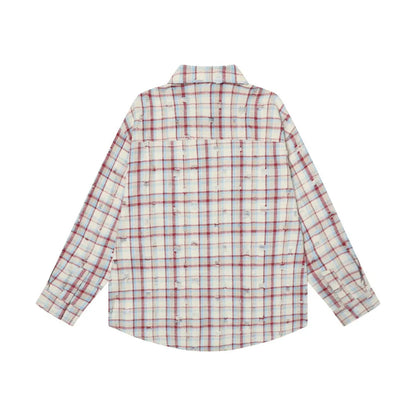 Ripped Plaid Long Sleeve Shirts Mens Pocket Autumn High Street Loose Lapel Single Breasted Checked Shirt Men    Home Decor Supply | Online Retail | ShoreShopper.com