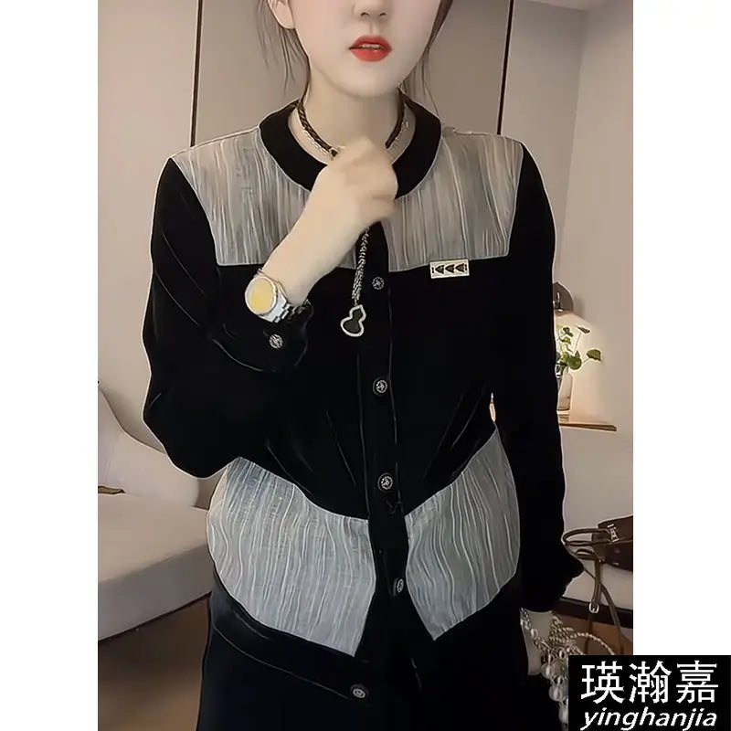 Fashionable Women's Shirt 2025 Autumn New Round Neck Single-breasted Cardigan Spliced   sequin Velvet Shirt    Your Coastal Marketplace | Shoreshopper.com