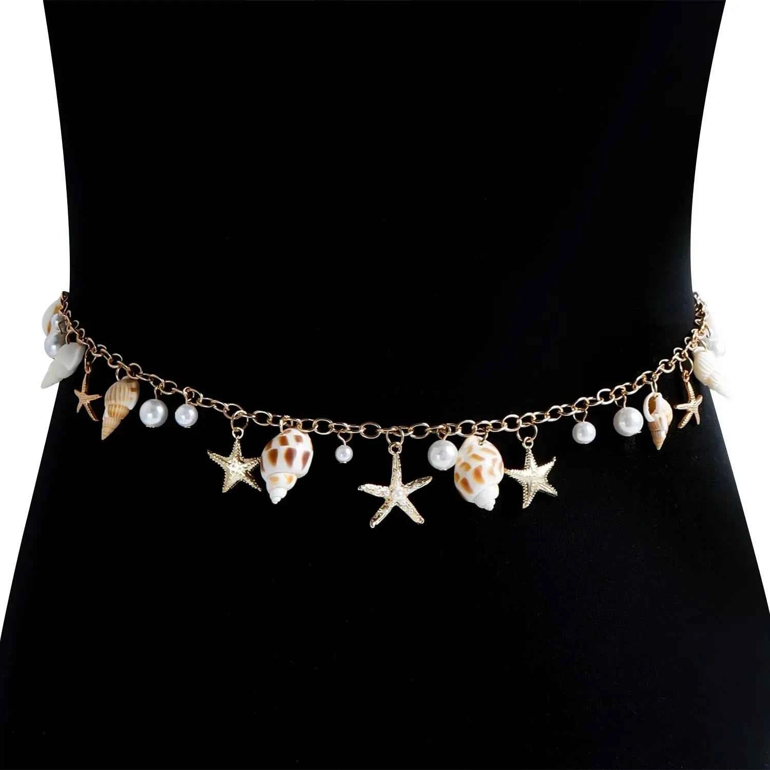 Bohemian Summer Beach Shell Waist Link Imitation Pearl Sea Star Conch Pendant Body Chain for Women Fashion Jewelry Accessories
