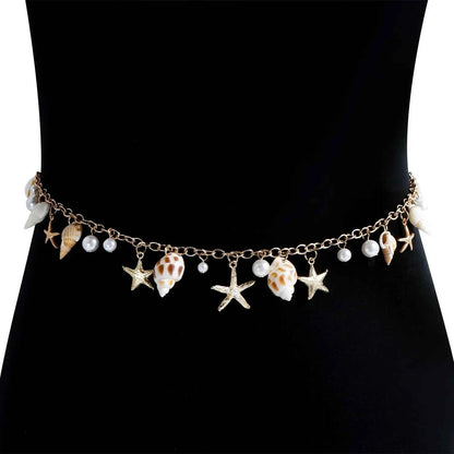 Bohemian Summer Beach Shell Waist Link Imitation Pearl Sea Star Conch Pendant Body Chain for Women Fashion Jewelry Accessories