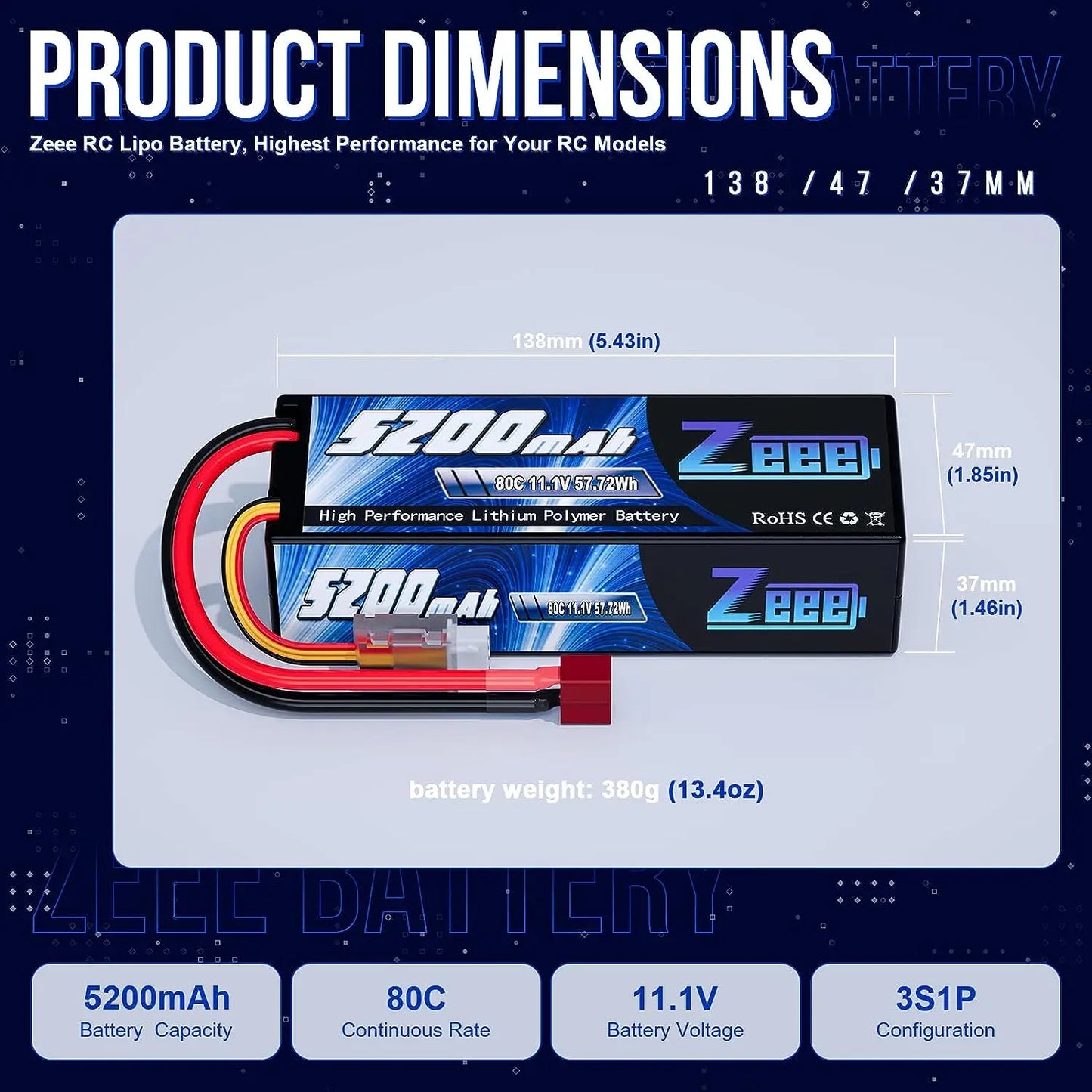 Zeee 3S LiPo RC Battery 11.1V 5200mAh 80C Hardcase w/ Plugs - ShoreCo.Shop