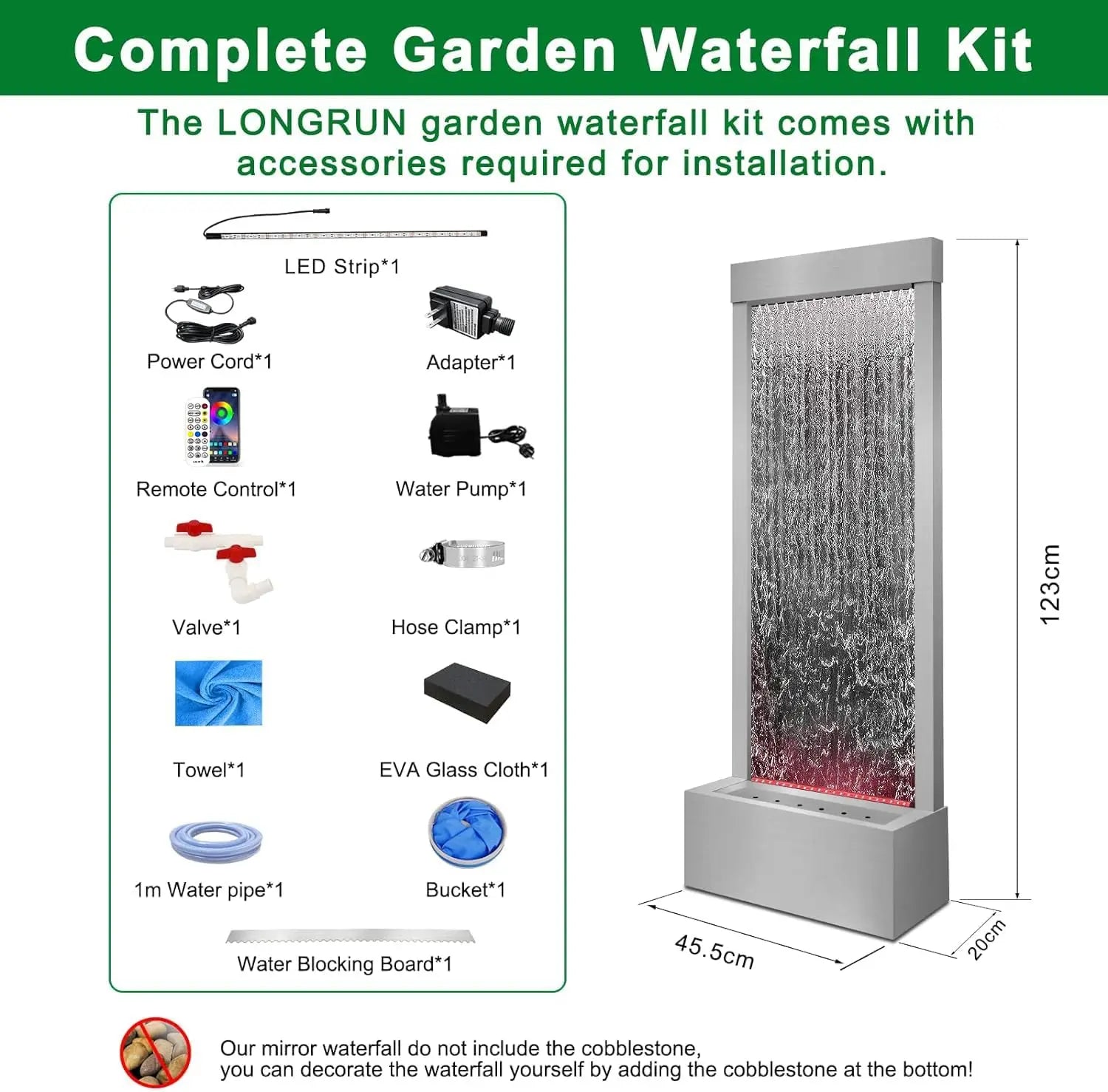 Mirror Waterfall Fountain Indoor, 48" Water Feature With 7 Colors Light, Self-Contained LED Kit, Large Stainless Steel Home Deco - ShoreCo.Shop