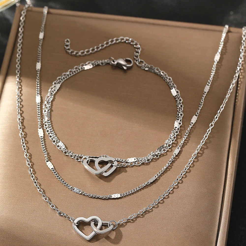 Stainless Steel Jewelry Sets High-end Atmosphere Love Bracelet Love Necklace Double Chain Design Jewelry Sets For Women Jewelry    Home Decor Supply | Online Retail | ShoreShopper.com