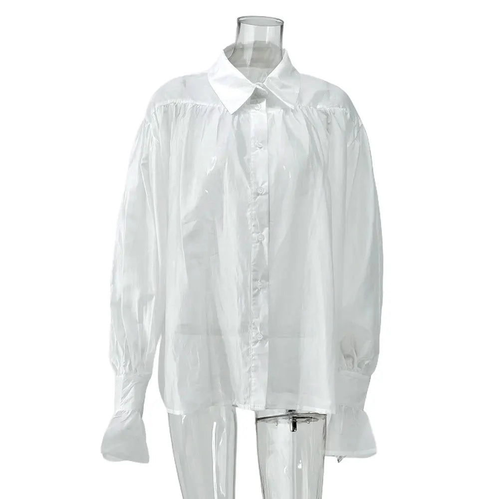 Women's Shirt Long Sleeve Turn-down Collar Sexy See-through Loose Button Women Shirts Beach Style Simple Solid Color Casual Tops    Your Coastal Marketplace | Shoreshopper.com