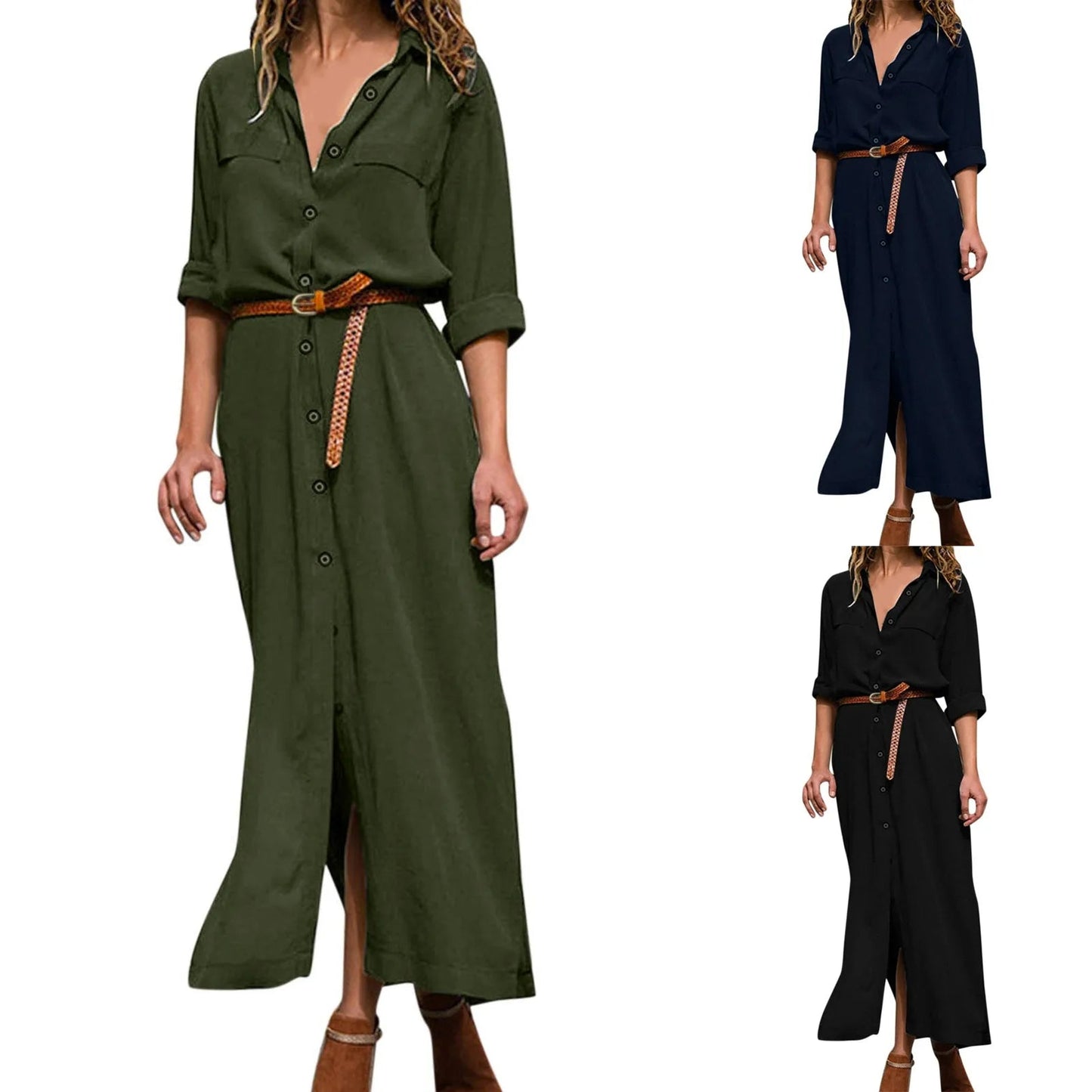 Womens Lace Up Tunic Dresses Summer Streetwear Long Sleeve Shirt Dresses With Belt casual Solid Color Linen Maxi Dress for women    Home Decor Supply | Online Retail | ShoreShopper.com
