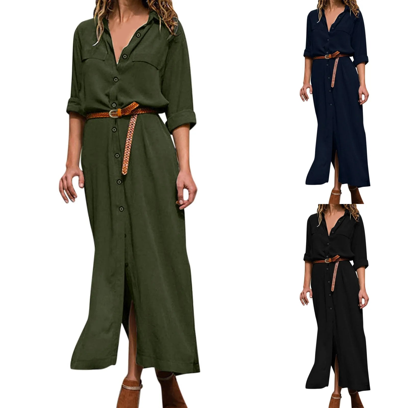 Womens Lace Up Tunic Dresses Summer Streetwear Long Sleeve Shirt Dresses With Belt casual Solid Color Linen Maxi Dress for women    Home Decor Supply | Online Retail | ShoreShopper.com
