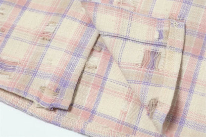 Ripped Plaid Long Sleeve Shirts Mens Pocket Autumn High Street Loose Lapel Single Breasted Checked Shirt Men    Home Decor Supply | Online Retail | ShoreShopper.com