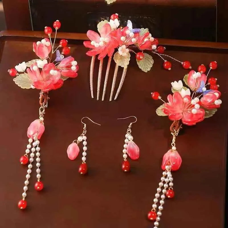 1 Set Ancient Headwear Hairpins Complete Super Immortal Made Headwear New Simple Pink flower Children's Ancient Headwear