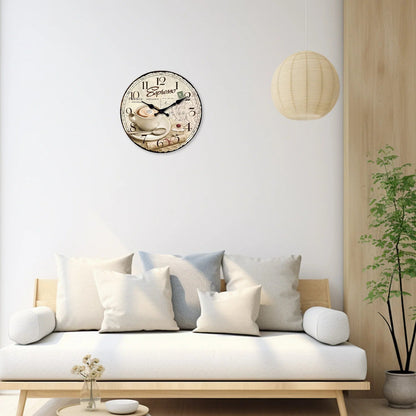 European Retro Coffee Cup Pattern Wooden Wall Clock for Living Room, Bedroom, Kitchen, Home Decoration, Silent Quartz Clock, Holiday Gift, 10 Inches, 12 Inches (No Battery)    Home Decor Supply | Online Retail | ShoreShopper.com