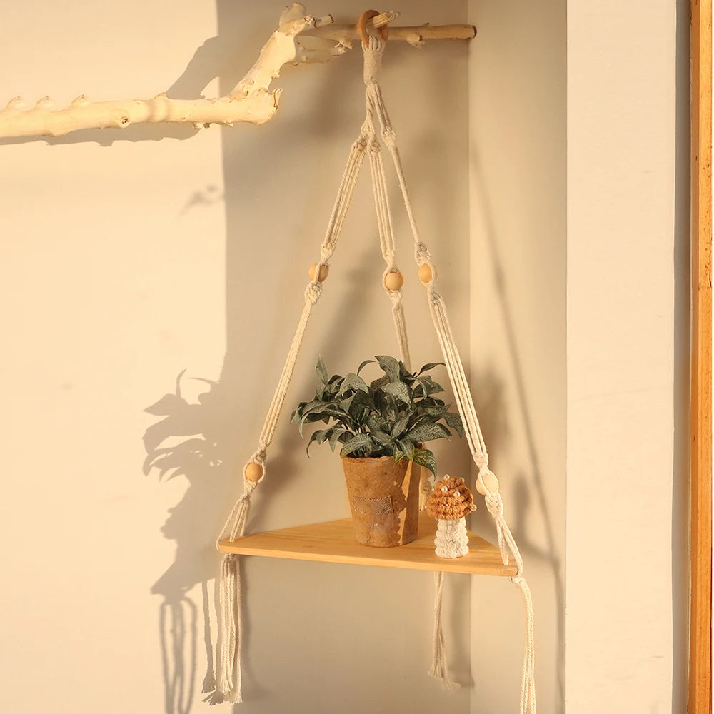 Corner Shelf Macrame Wall Hanging Wood Floating Shelves Rustic Boho Wall Shelf Decor Storage Rack for Plants Pots Photo Frames    Home Decor Supply | Online Retail | ShoreShopper.com