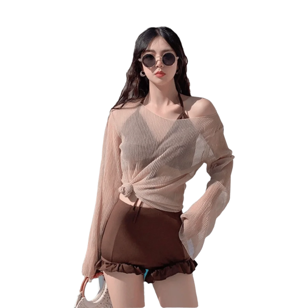 Beachwear Ruffles Bikini Set Slim Fit Lace-up Long Sleeve Swimsuit Sun Protection Transparent Pullover Swimming Suit Resort    Your Coastal Marketplace | Shoreshopper.com