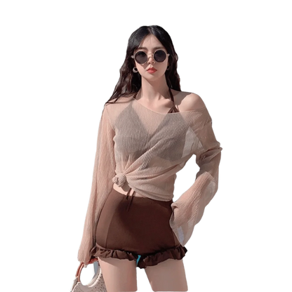 Beachwear Ruffles Bikini Set Slim Fit Lace-up Long Sleeve Swimsuit Sun Protection Transparent Pullover Swimming Suit Resort    Your Coastal Marketplace | Shoreshopper.com