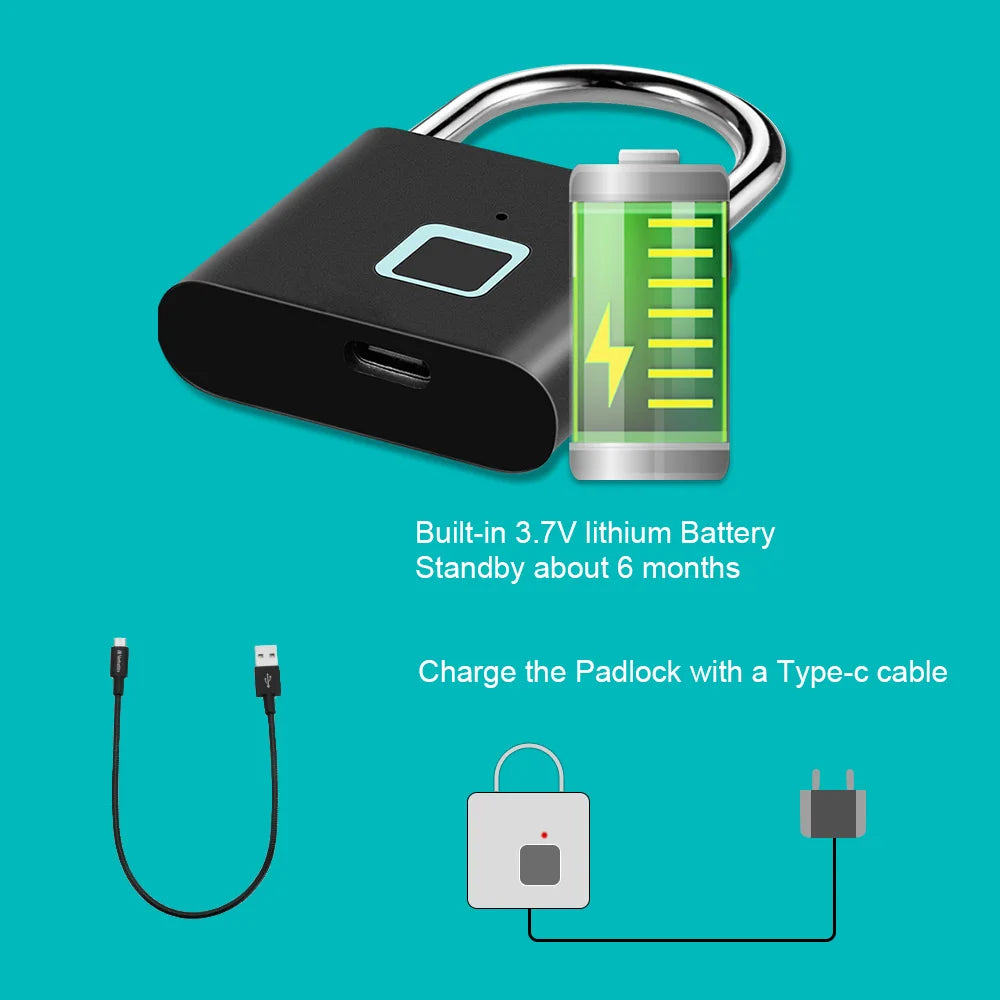 KERUI Smart Fingerprint Padlock Waterproof Fingerprint Keyless Door Lock Type C Rechargeable Security Padlock for House - ShoreCo.Shop