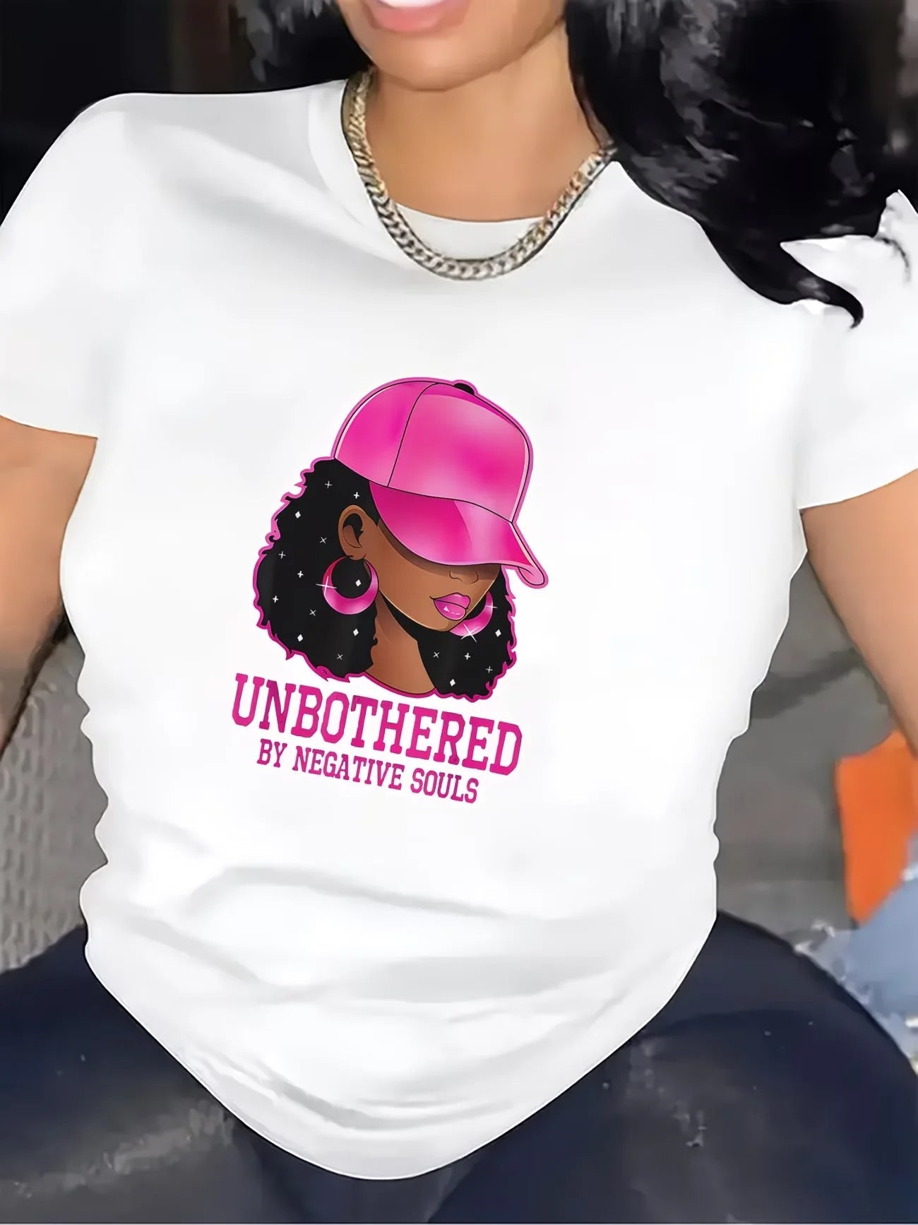 T-Shirt for Women, Unbothered Graphic Design for Casual Wear in Living Room Comfortable Fabric, Stylish Pink Cap Illustration,    Your Coastal Marketplace | Shoreshopper.com