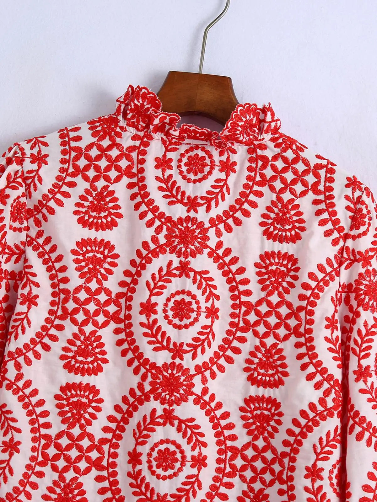 Women Red Floral Embroidered Shirt V Neck Long Sleeve Blouse Down Bohemian T-Shirt Casual Vacation Style Summer Clothing    Your Coastal Marketplace | Shoreshopper.com
