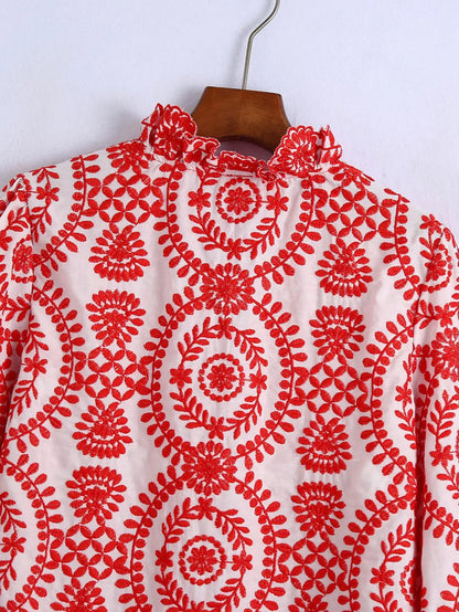 Women Red Floral Embroidered Shirt V Neck Long Sleeve Blouse Down Bohemian T-Shirt Casual Vacation Style Summer Clothing    Your Coastal Marketplace | Shoreshopper.com