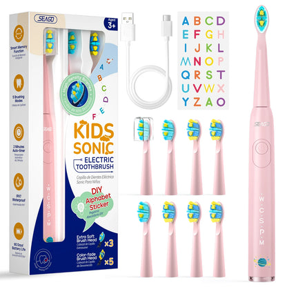 Children Electric Toothbrush with 8 Replacement Heads DIY Stickers 5 Cleaning Modes Blue Pink Yellow 3 Colors Soft Bristles - ShoreCo.Shop