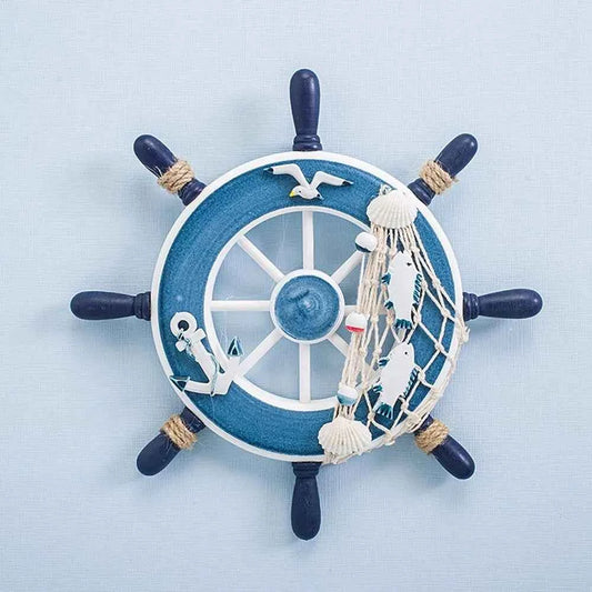 Art Decor 9 Inch Beach Wooden Boat Ship Steering Wheel Fishing Net Home Wall Decor