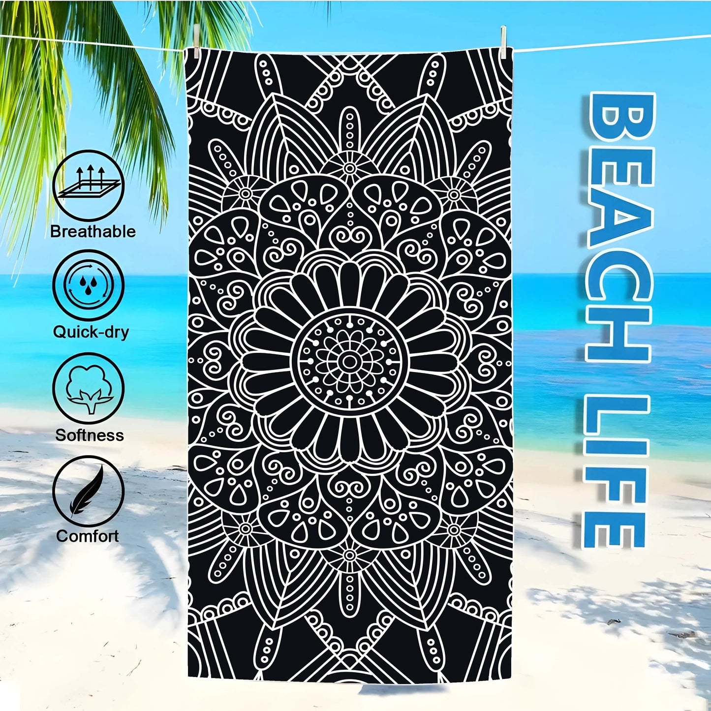 Beach Bliss: Exquisite Black and White Mandala Beach Towel Suitable for towels, bath towels, beach towels    Your Coastal Marketplace | Shoreshopper.com