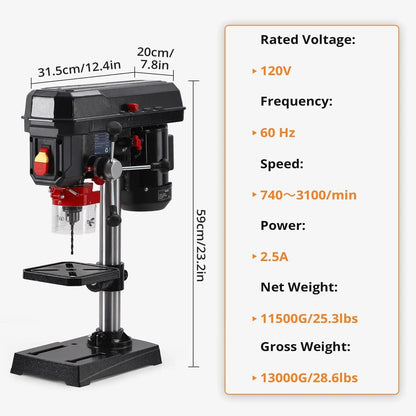 8 Inch Bench Drill Press, 2.5Amp, 5 Speed Adjustable, Swing Distance 0-45° Tilting, Controls Benchtop for Wood, Metal Drilling    Home Decor Supply | Online Retail | ShoreShopper.com
