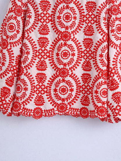 Women Red Floral Embroidered Shirt V Neck Long Sleeve Blouse Down Bohemian T-Shirt Casual Vacation Style Summer Clothing    Your Coastal Marketplace | Shoreshopper.com