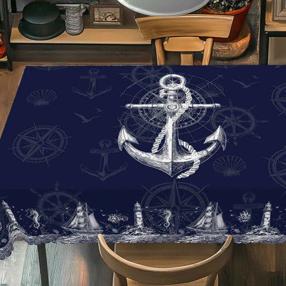 1pc Nautical Theme Tablecloth, Coastal Navy Blue Anchor, Lighthouse, Compass Designs For Spring Summer Decor