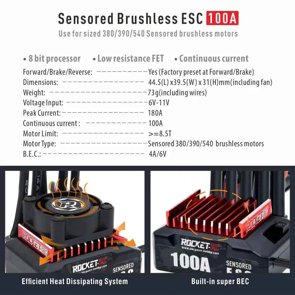 ROCKET-RC 100A ESC Sensored Brushless Electric Speed Controller 2-3S for 1/10 RC Drift Car 380/390/540 Sensored Brushless Motor
