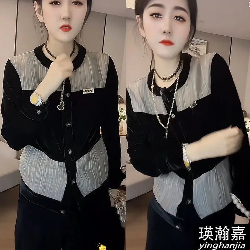 Fashionable Women's Shirt 2025 Autumn New Round Neck Single-breasted Cardigan Spliced   sequin Velvet Shirt    Your Coastal Marketplace | Shoreshopper.com