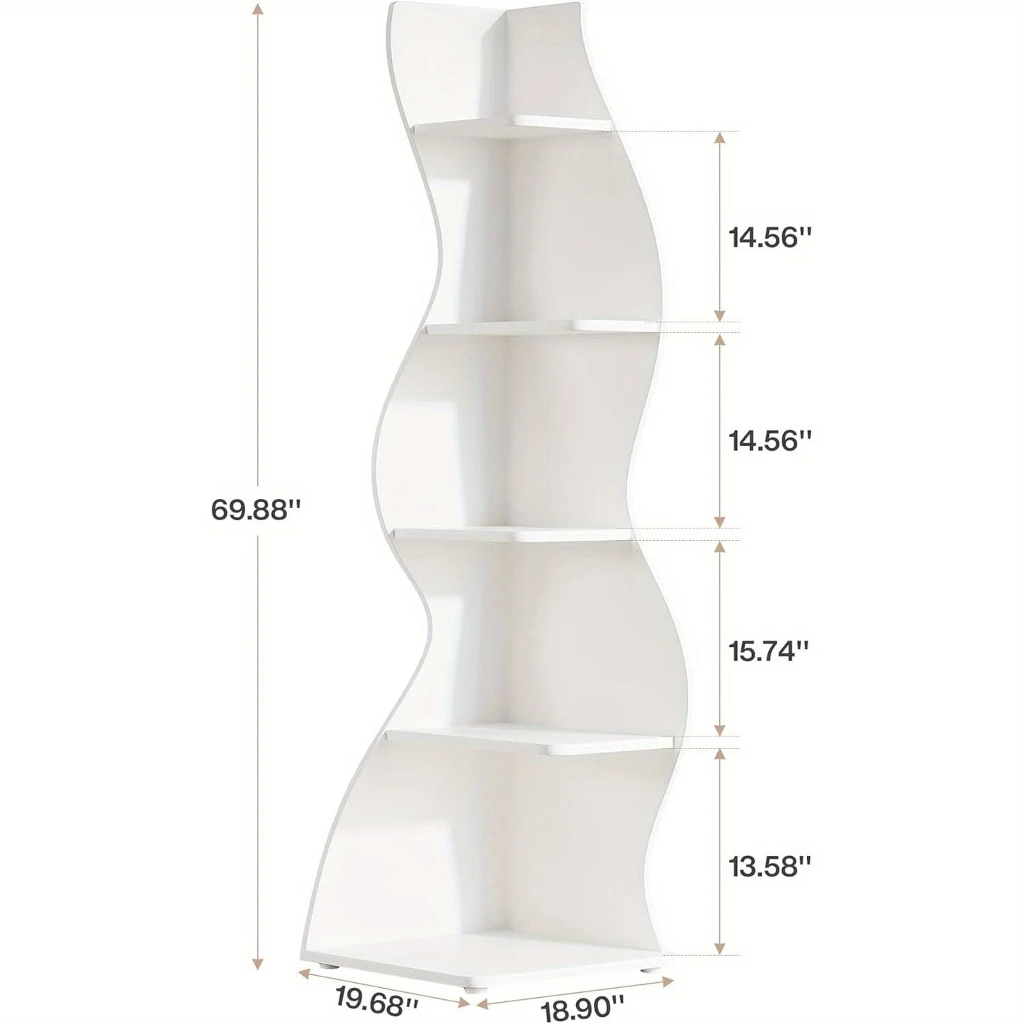 5-Tier Wave Bookshelf  Modern curved corner shelf with metal frame and wooden shelves, white finish, sturdy floor design bedroom    Home Decor Supply | Online Retail | ShoreShopper.com