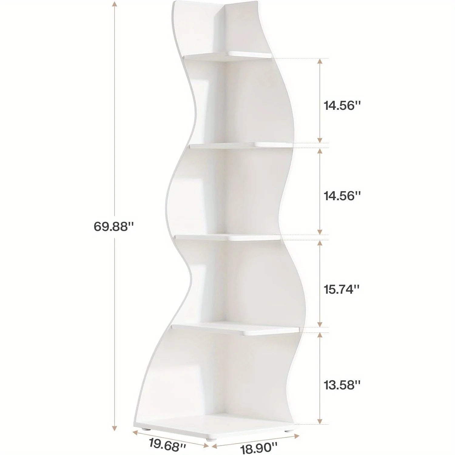 5-Tier Wave Bookshelf  Modern curved corner shelf with metal frame and wooden shelves, white finish, sturdy floor design bedroom    Home Decor Supply | Online Retail | ShoreShopper.com