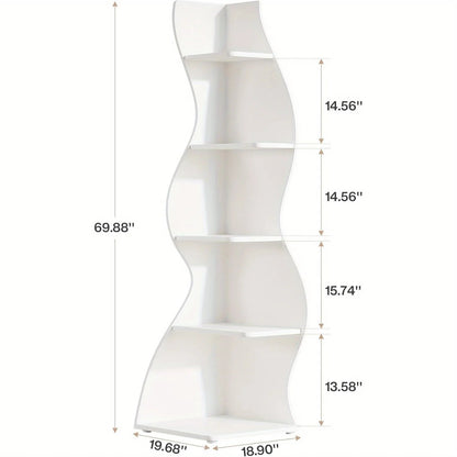 5-Tier Wave Bookshelf  Modern curved corner shelf with metal frame and wooden shelves, white finish, sturdy floor design bedroom    Home Decor Supply | Online Retail | ShoreShopper.com