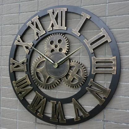 Vintage Style Industrial Wall Clock with Roman Numerals Visible 3D Gears 11"-17" Gold or Silver    Home Decor Supply | Online Retail | ShoreShopper.com