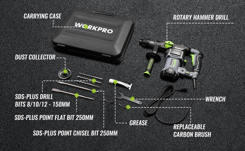 WORKPRO  12.5 AMP Heavy Duty Rotary Hammer Drill for Concrete 32mm MAX, Steel 13mm MAX,Wood 42mm MAX. - ShoreCo.Shop