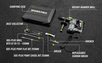 WORKPRO  12.5 AMP Heavy Duty Rotary Hammer Drill for Concrete 32mm MAX, Steel 13mm MAX,Wood 42mm MAX. - ShoreCo.Shop