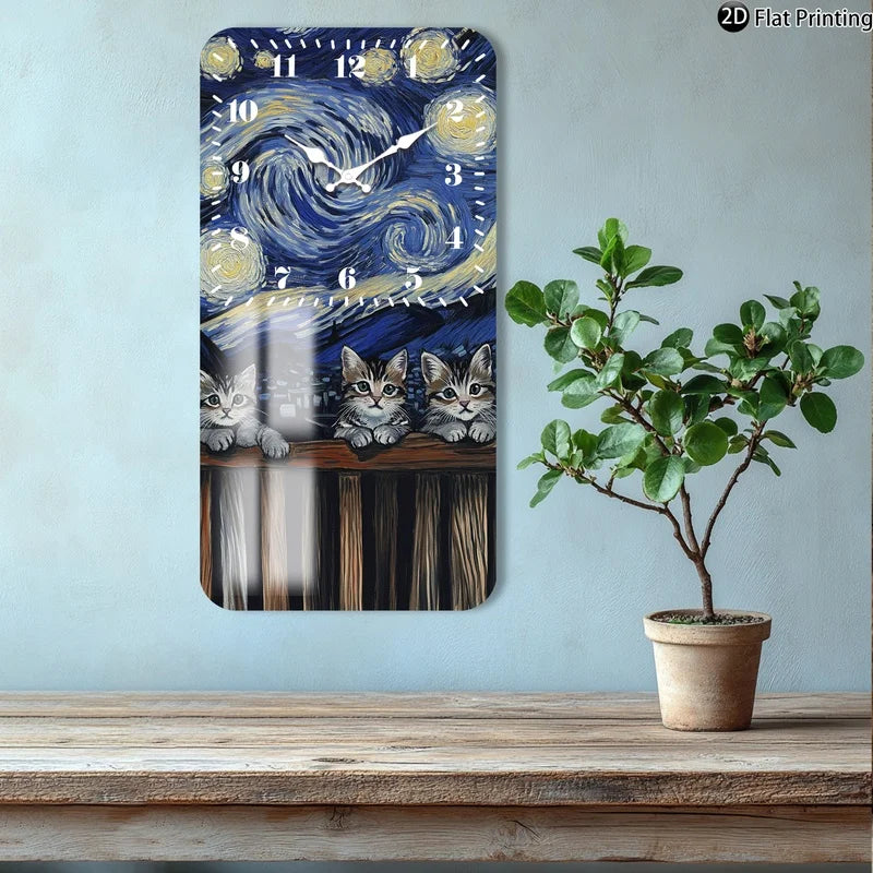 Vintage 2D-Flat Cats with Van Goghs Starry Night backdrop Wooden Silent Quartz Rectangle Wall Clock for Home Idea Holiday Gifts    Home Decor Supply | Online Retail | ShoreShopper.com