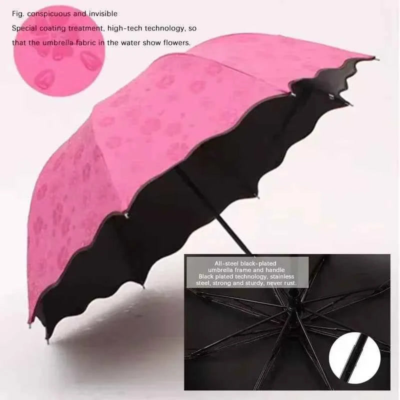 Umbrella Encountering Water Flowering 3-Fold Handheld Travel Umbrella UV Protection Portable Rain Umbrella with Parasol Frame