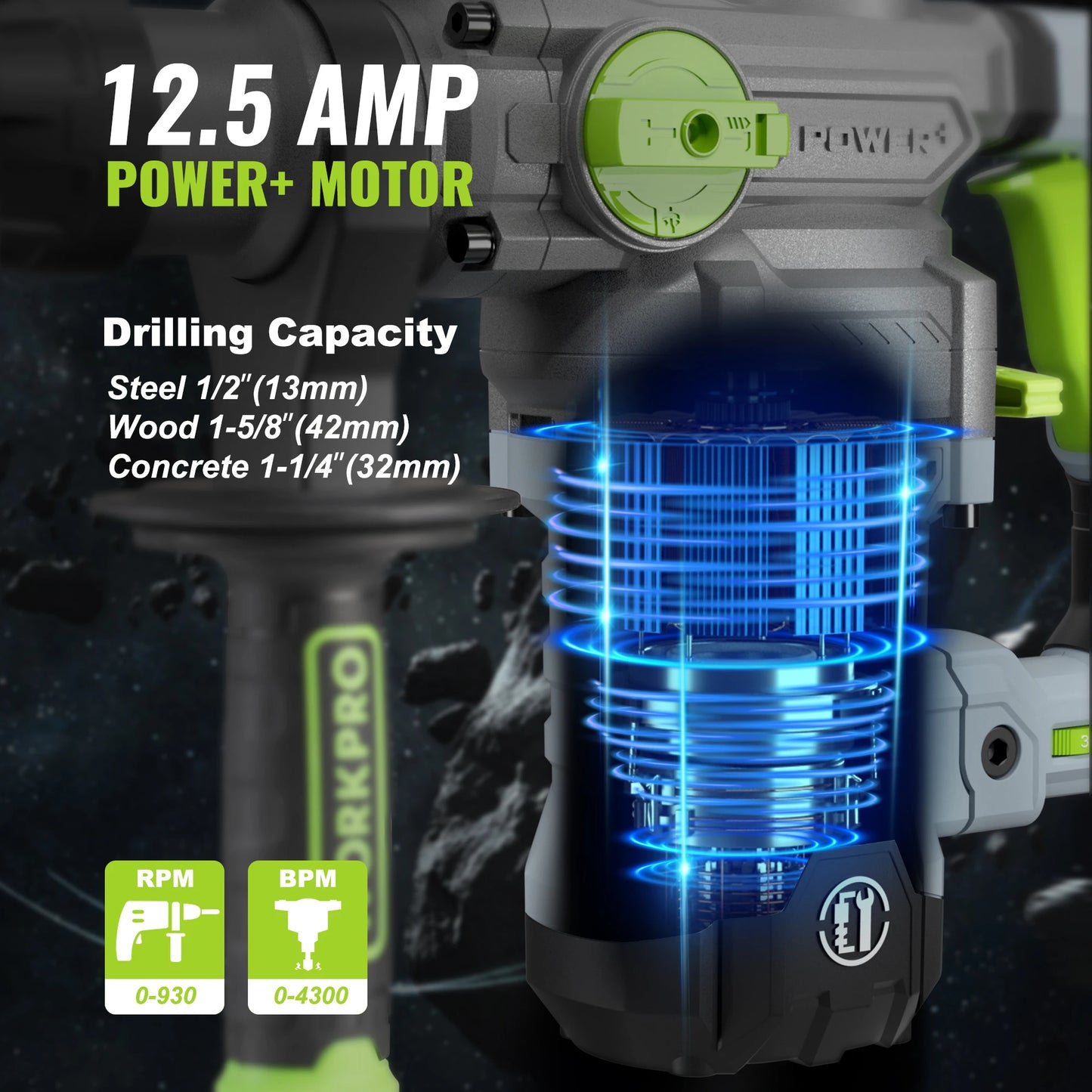 WORKPRO  12.5 AMP Heavy Duty Rotary Hammer Drill for Concrete 32mm MAX, Steel 13mm MAX,Wood 42mm MAX. - ShoreCo.Shop