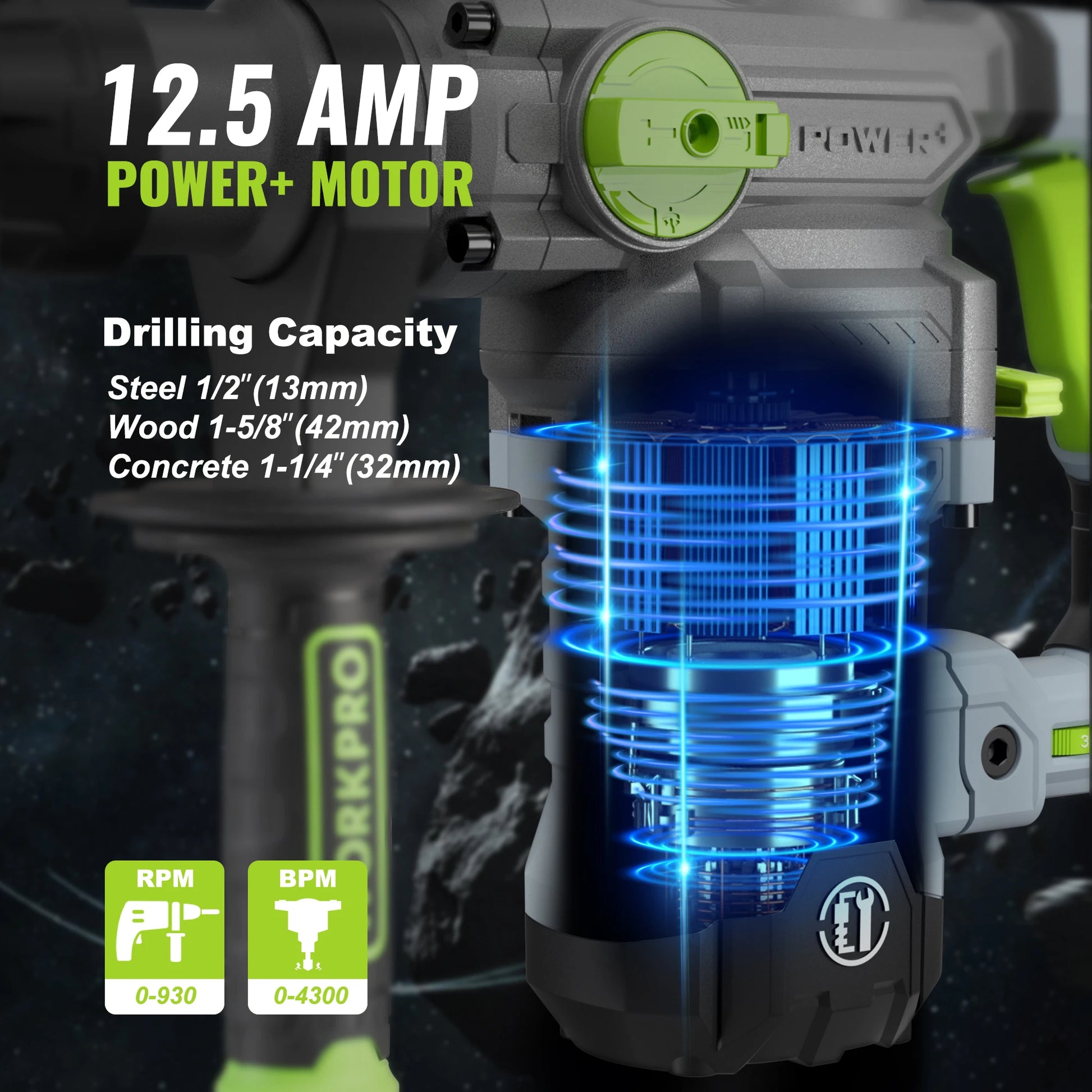 WORKPRO  12.5 AMP Heavy Duty Rotary Hammer Drill for Concrete 32mm MAX, Steel 13mm MAX,Wood 42mm MAX. - ShoreCo.Shop