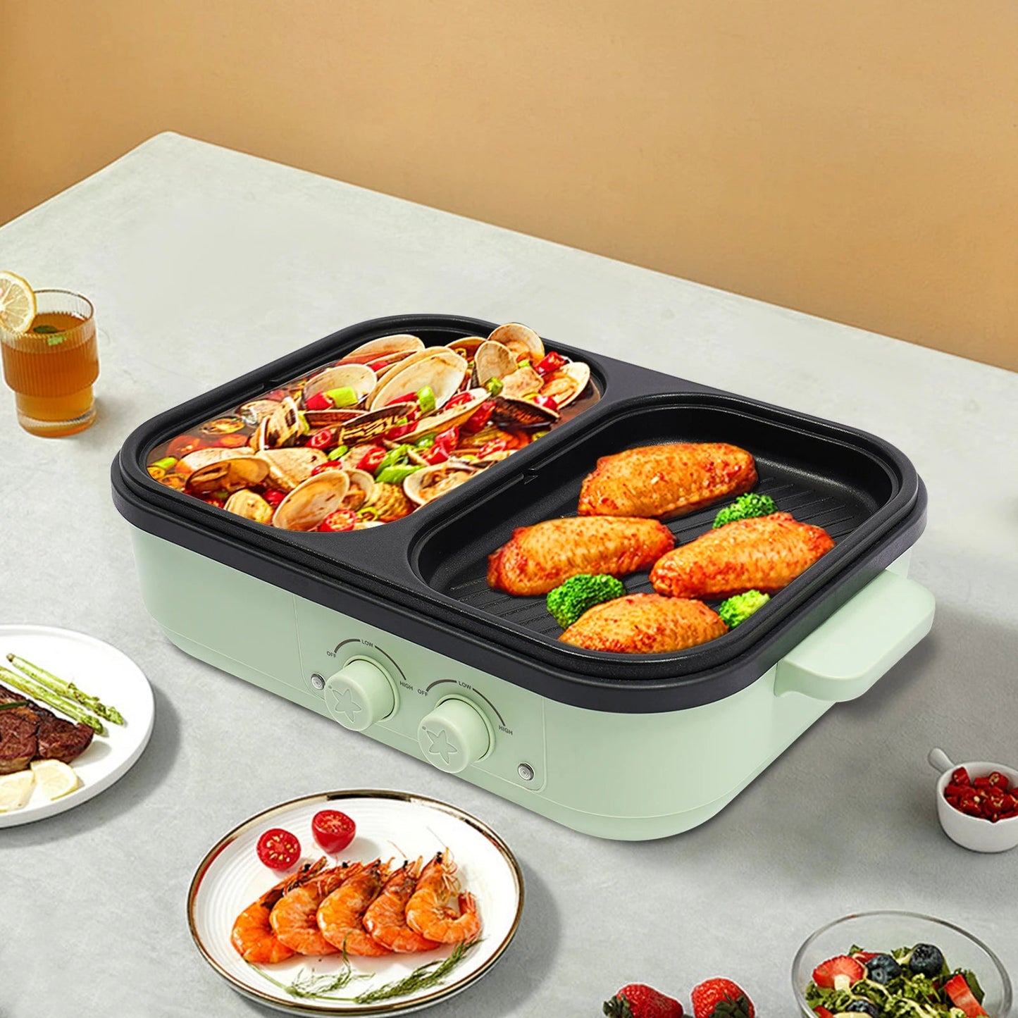 Electric Hot Pot With Grill Area Multi-purpose Hot Pot 2-In-1 Dual Temperature Control    Home Decor Supply | Online Retail | ShoreShopper.com