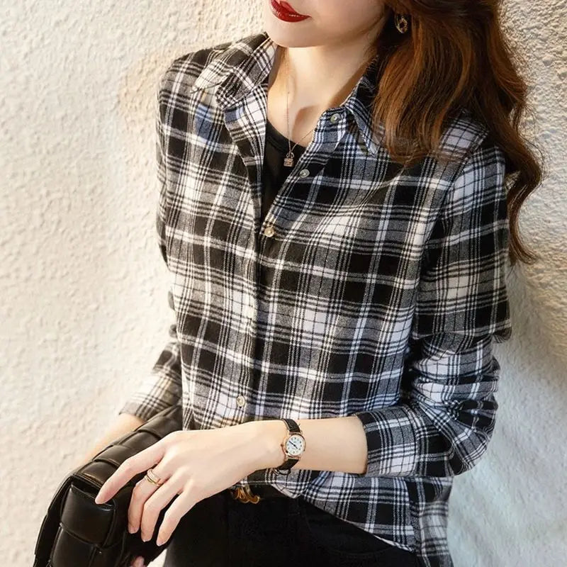Women's Shirt New Spring Autumn Long Sleeve Single-breasted Polo-neck Casual Printing Plaid Office Lady Elegant Fashion Cardigan    Your Coastal Marketplace | Shoreshopper.com