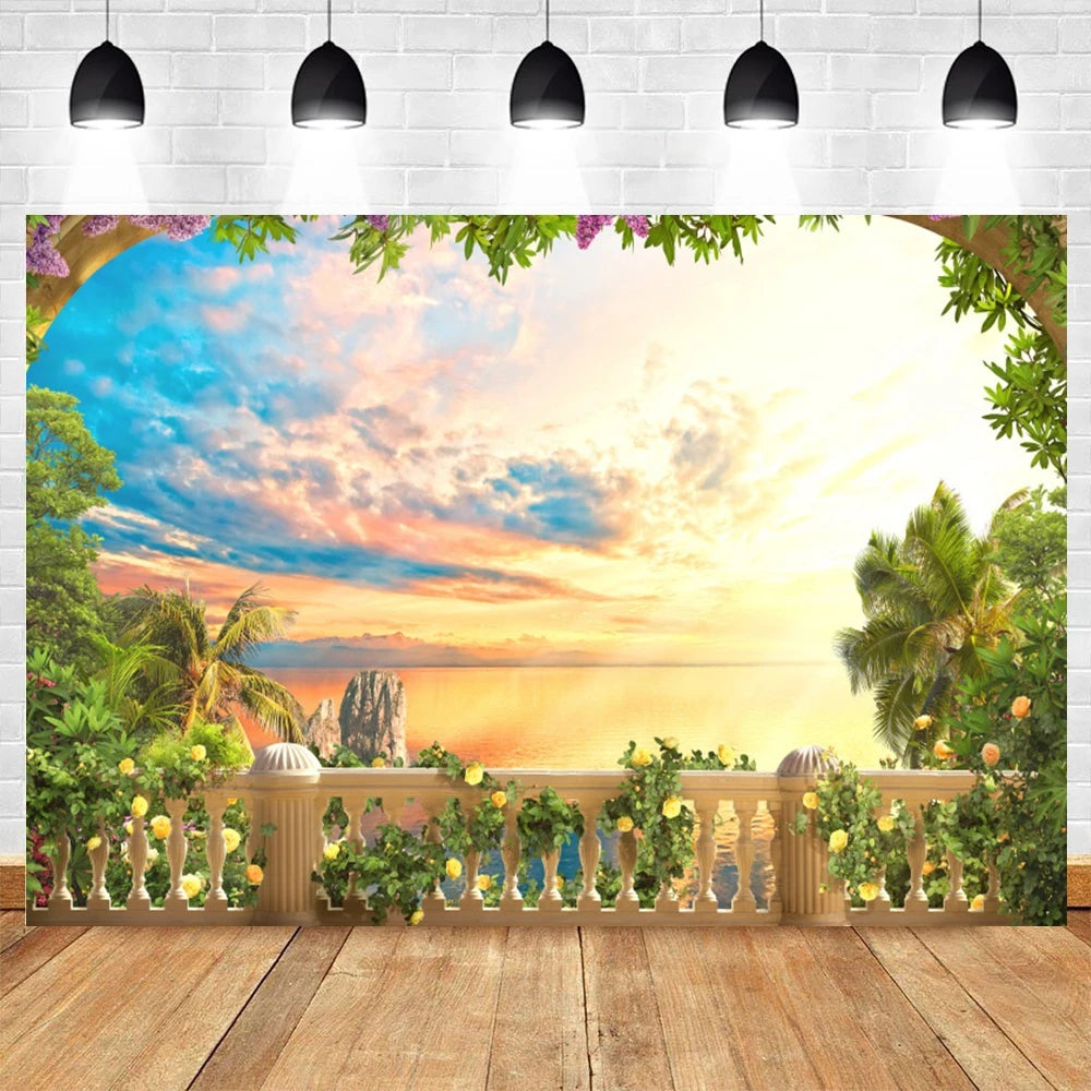Summer Seaside Beach Photography Backdrop Natural Scenery Castle Tropical Sunshine Palms Leaves Photo Background Studio Props    Your Coastal Marketplace | Shoreshopper.com