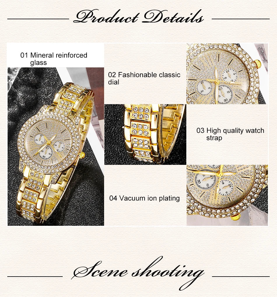 Women's Quartz Watch Gold Luxury Women Ring Necklace Earring Rhinestone Fashion Wristwatch Casual Ladies Watches Jewelry Set    Home Decor Supply | Online Retail | ShoreShopper.com