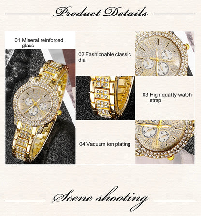 Women's Quartz Watch Gold Luxury Women Ring Necklace Earring Rhinestone Fashion Wristwatch Casual Ladies Watches Jewelry Set    Home Decor Supply | Online Retail | ShoreShopper.com