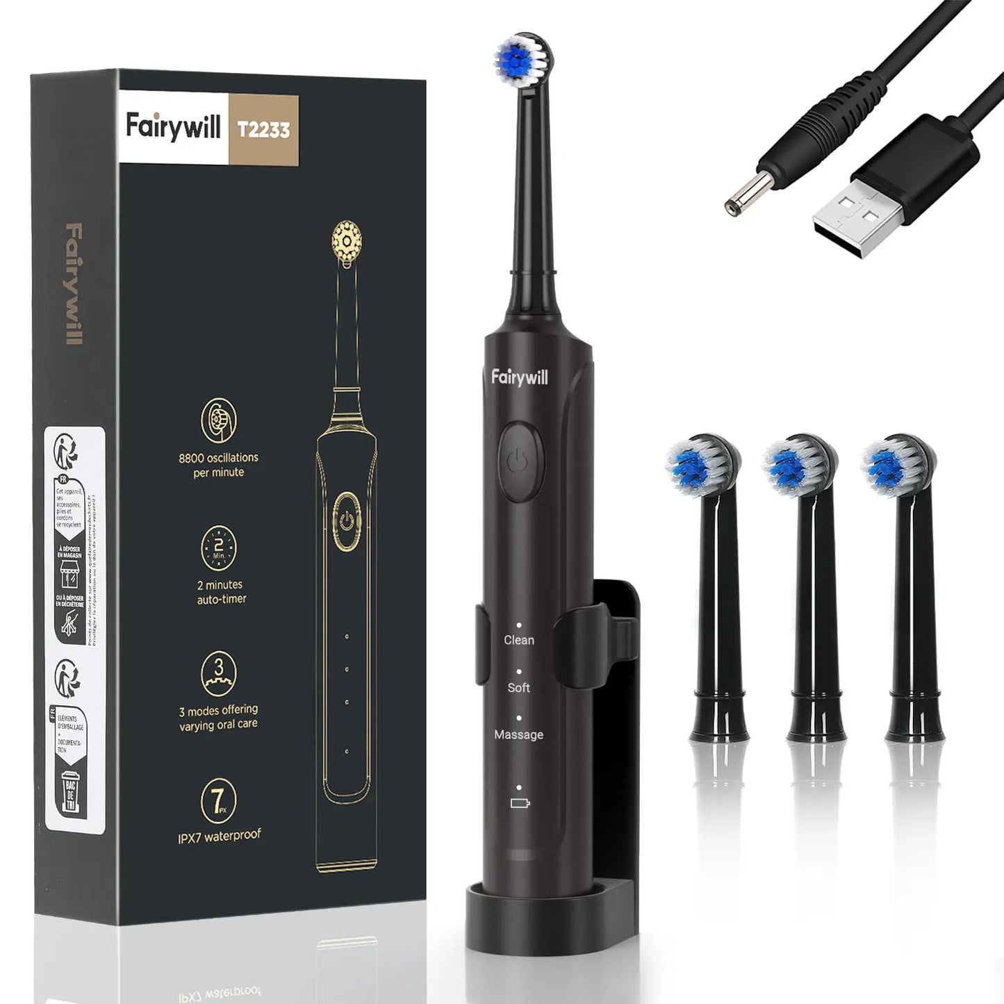 Fairywill Electric Toothbrush T2233Powerful Rotation Cleaning 4 Replacement Heads Rechargeable Sonic Toothbrush for Adults - ShoreCo.Shop