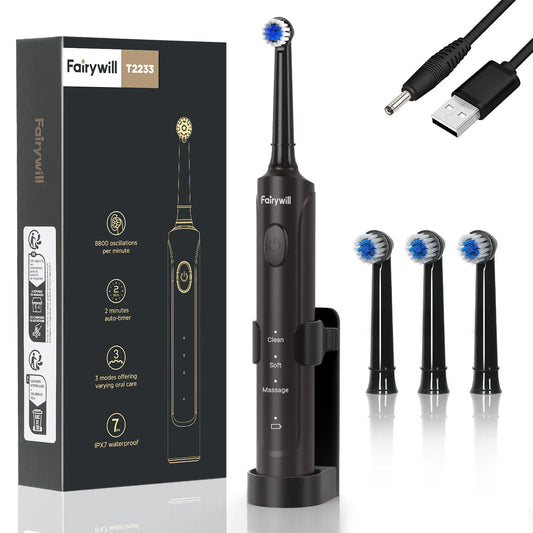Fairywill Electric Toothbrush T2233Powerful Rotation Cleaning 4 Replacement Heads Rechargeable Sonic Toothbrush for Adults - ShoreCo.Shop