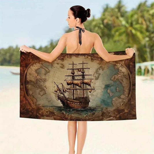 Beach Towel Vintage Map and Ship Printed Pattern Sun Protection Windproof Suitable for Pool Camping Travel Blanket
