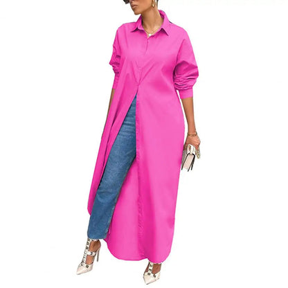 Women Shirt Windproof Shirt Dress Versatile Hem Stylish Autumn Winter Solid Color Shirt Long Dress    Your Coastal Marketplace | Shoreshopper.com